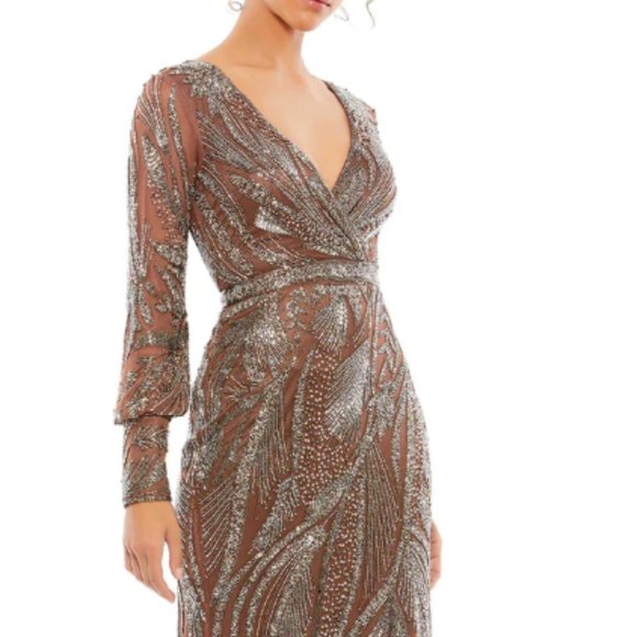 MAC DUGGAL BEADED LONG SLEEVE WRAP OVER MIDI DRESS sz 6 - Picture 1 of 5